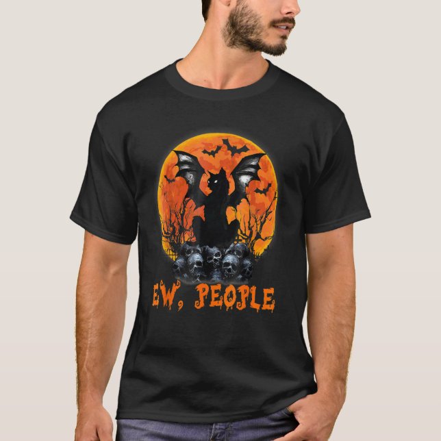 Ew People Black Cat Fladdermus Vingar Halloween Sp T Shirt (Framsida)