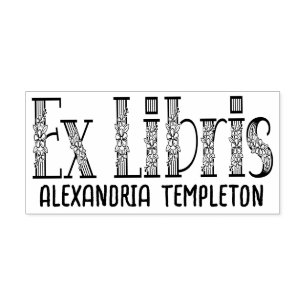 Ex Libris Blommig Text Bokstäver Bibliotek Boknamn Självfärgande Stämpel