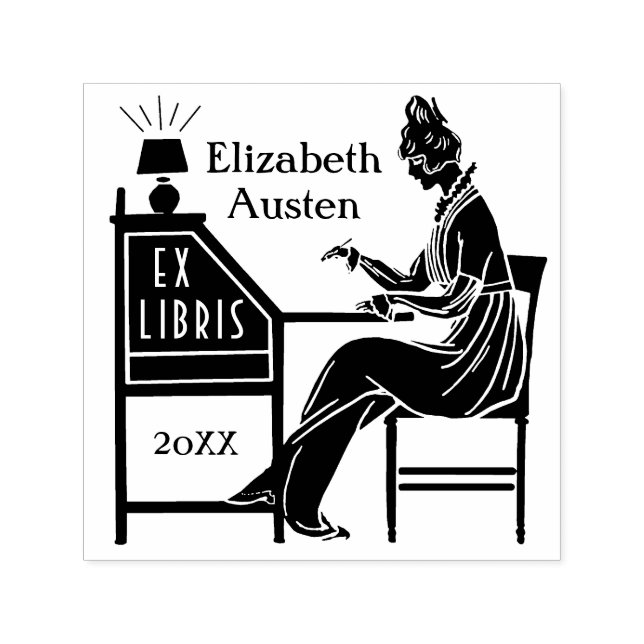 Ex Libris Bookplate Deco Dam Writing Desk-Anpassni Självfärgande Stämpel (Design)