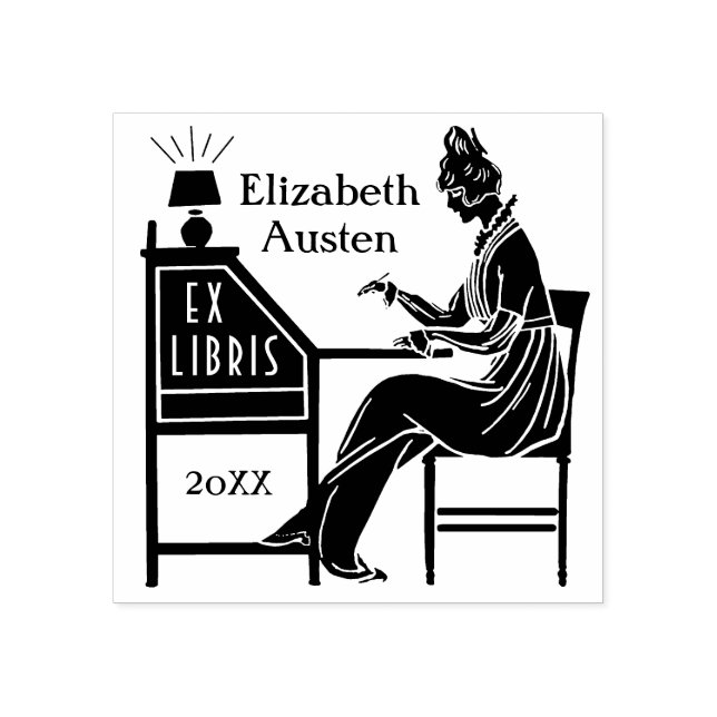 Ex Libris Bookplate Deco Dam Writing Desk-Anpassni Stämpel (Tryck)