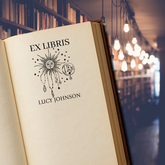 EX libris exlibris Bok bibliotek bokplåt sol måne Stämpel (Skapare uppladdad)