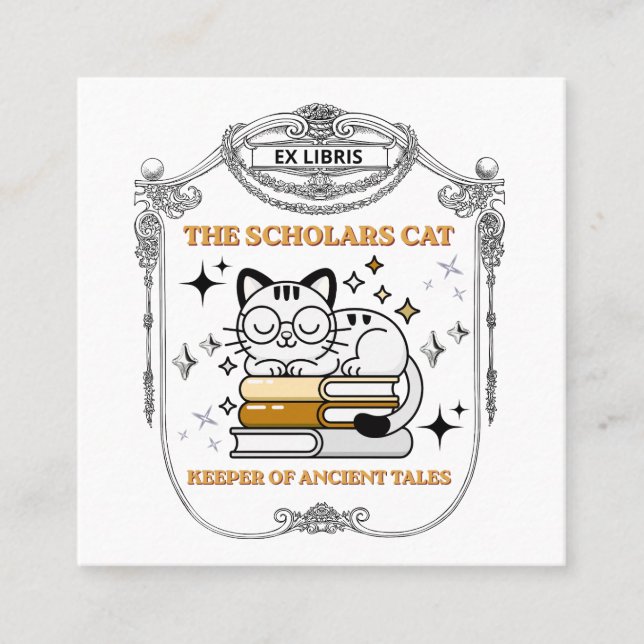 Ex Libris Scholar Cat Mörk Akademia Fyrkantigt Visitkort (Framsida)