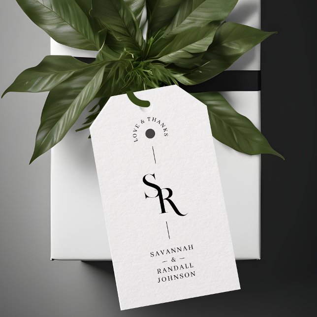 Exakt Chic - minimalistiskt svartvitt Initialer Presentetikett (Exquisite Chic Minimalist Black & White Wedding Initials Photo Gift Tags. Front.)