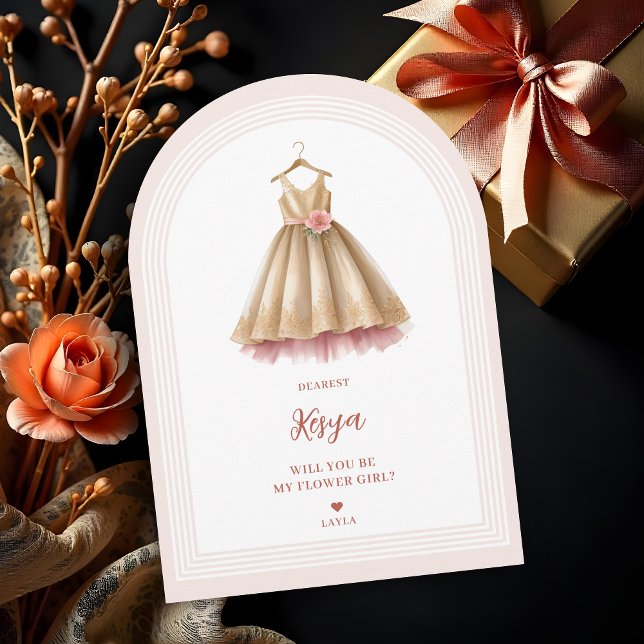 Exakt, snyggt, färglös flickklänning i Rosa och Gu Inbjudningar (Exquisite Lovely Flower Girl Dress in Pink & Faux Gold Proposal Cards with Corner Arch Style.)