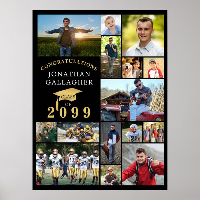 Examen 15 Foto Collage Grattis Svart Guld Poster (Framsidan)