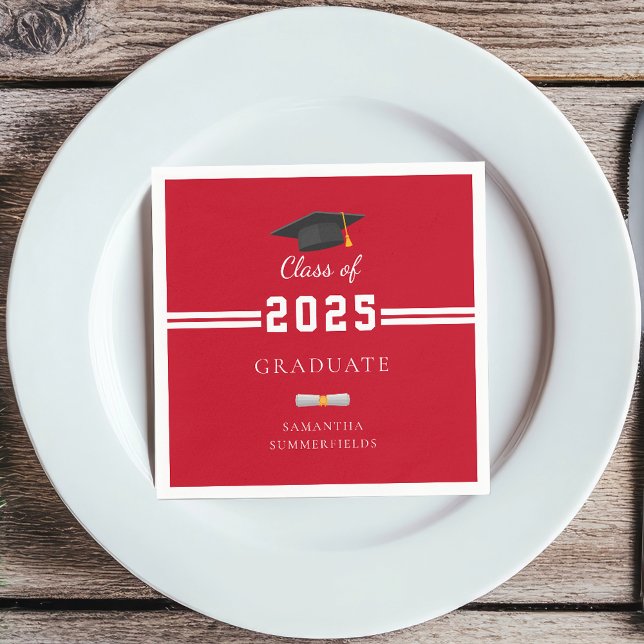 Examen 2025 Röd Vit Examen Fest Papper Pappersservett (Graduation 2025 Red White Elegant Party Paper Napkin)