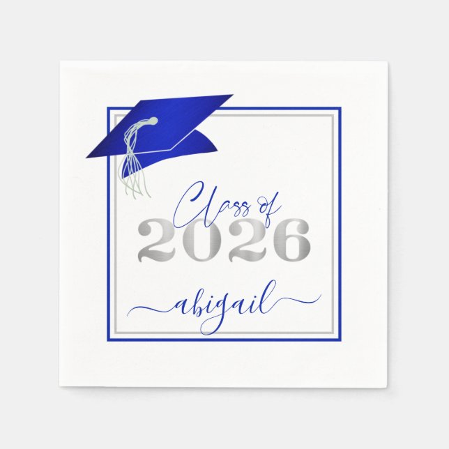 Examen 2026 Falskt metalliskt kungligt blått silve Pappersservett (Framsidan)