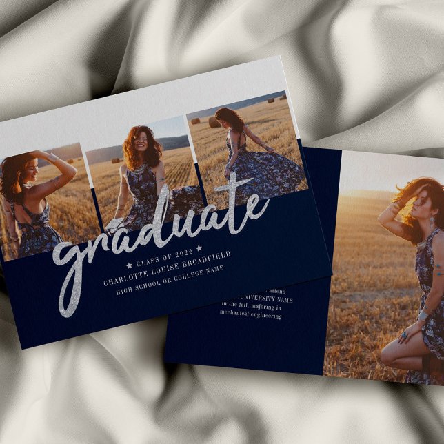 Examen 2026 Foto Collage Tillkännagivande (Graduation Photo Script Navy Blue Announcement)