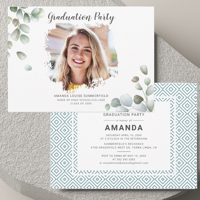 Examen 2026 Foto Fest Inbjudningar (Photo Graduation 2025 Botanical Party Invitation)