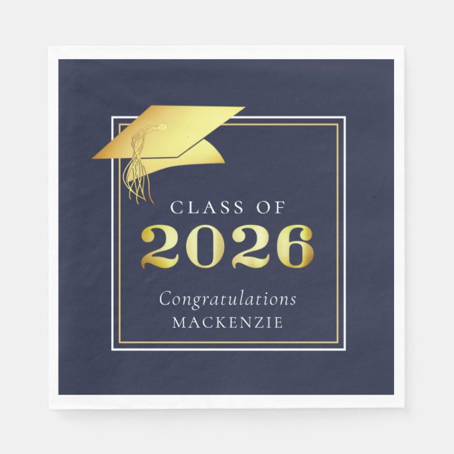 Examen 2026 Marinblå Falskt Metalliskt Guld Pappersservett (Framsidan)