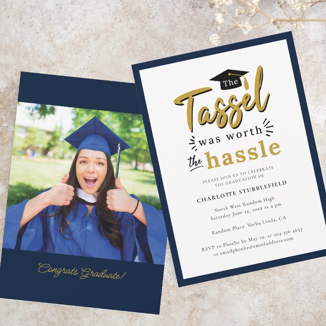 Examen 2026 Marinblå Foto Examenfest Inbjudningar (Graduation 2025 Tassel Worth Hassle Grad Party Invitation)