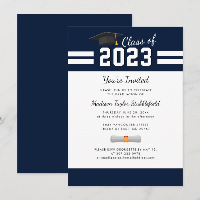 Examen 2026 Marinblå Studentfest Inbjudningar (Fram/baksida)