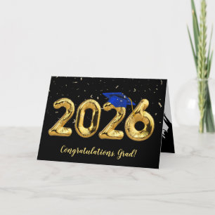 Examen 2026 med blå mössa och konfetti kort