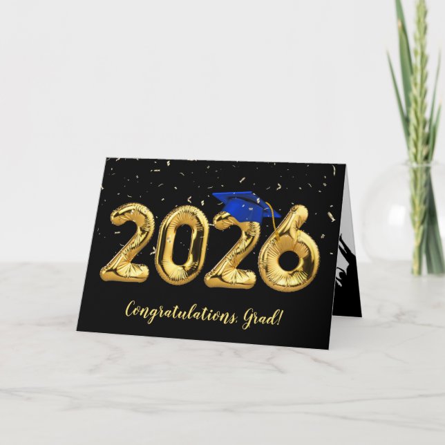Examen 2026 med blå mössa och konfetti kort (Framsida)