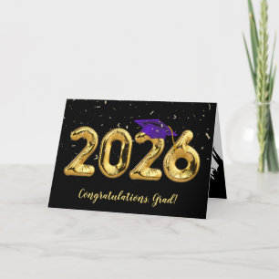 Examen 2026 med lila mössa och konfetti kort