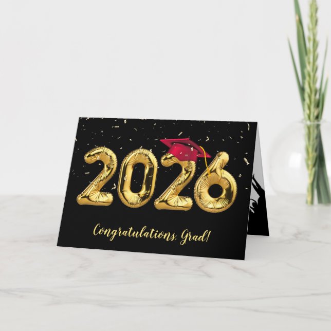 Examen 2026 med röd mössa och konfetti kort (Framsida)