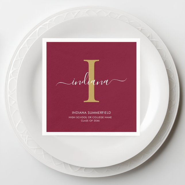 Examen 2026 Monogram Skript Röd Fest Pappersservett (Monogram Script Burgundy Graduation Paper Napkin)
