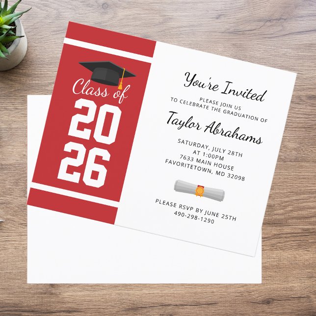 Examen 2026 Röd Vit Examen Fests Inbjudan (Graduation White Red Bold 2025 Party Invitation)