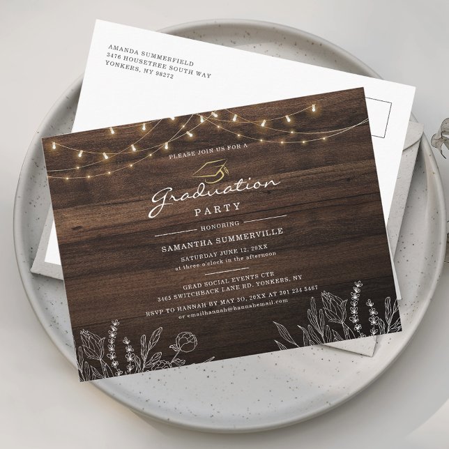 Examen 2026 Skript Utexamensfest Inbjudan Vykort (Graduation 2025 Script Grad Party String Lights Invitation Postcard)