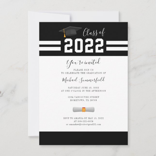 Examen 2026 Svart Vit Studentfest Inbjudningar (Framsida)