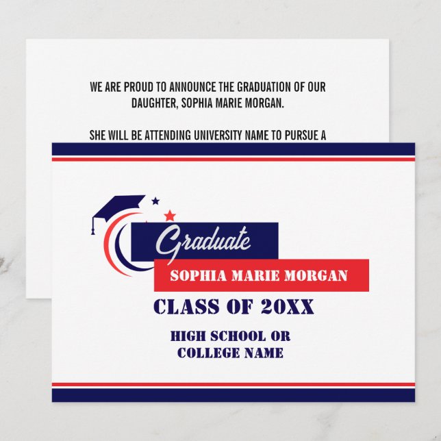 Examen Blå Röd Vit Examen Meddelande Inbjudningar (Fram/baksida)