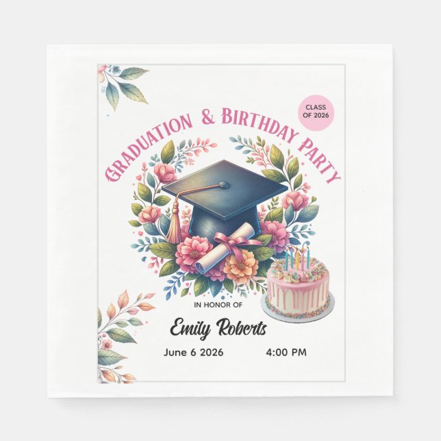 Examen & Födelsedag Blommig Dubbel Firande Pappersservett (Framsidan)