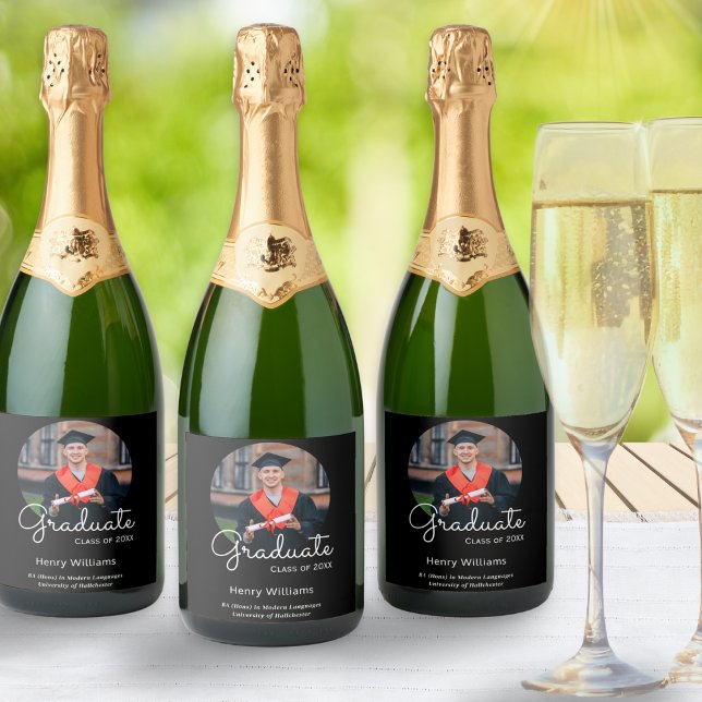 Examen Foto Namn Svart Stylish Examenfest (Personalized sparkling wine labels for your graduation celebrations, with custom photo and text)