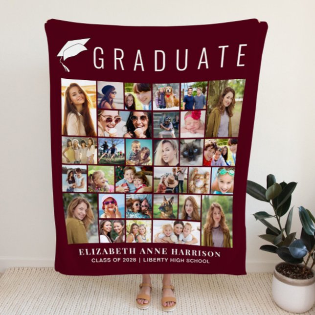 Examen Fotokollage Burgunder Fleecefilt (Graduation Photo Collage Burgundy Fleece Blanket)