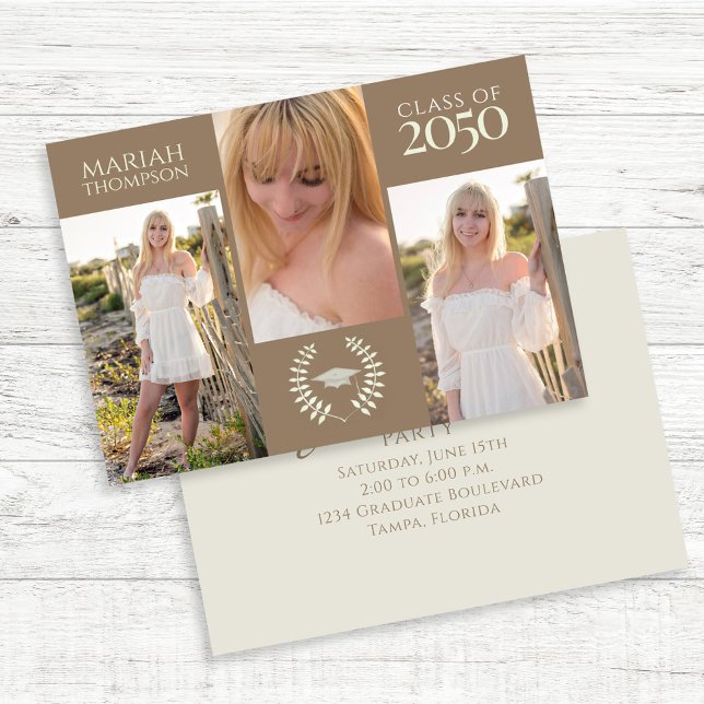 Examen Fotokollage Modern Fest Inbjudningar (Modern graduation photo collage invitation with three senior photos and elegant typography.)