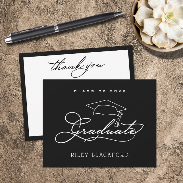 Examen Hatt Svart Tack Anteckningskort (Graduate Hat Black Flat Thank You Note Cards)