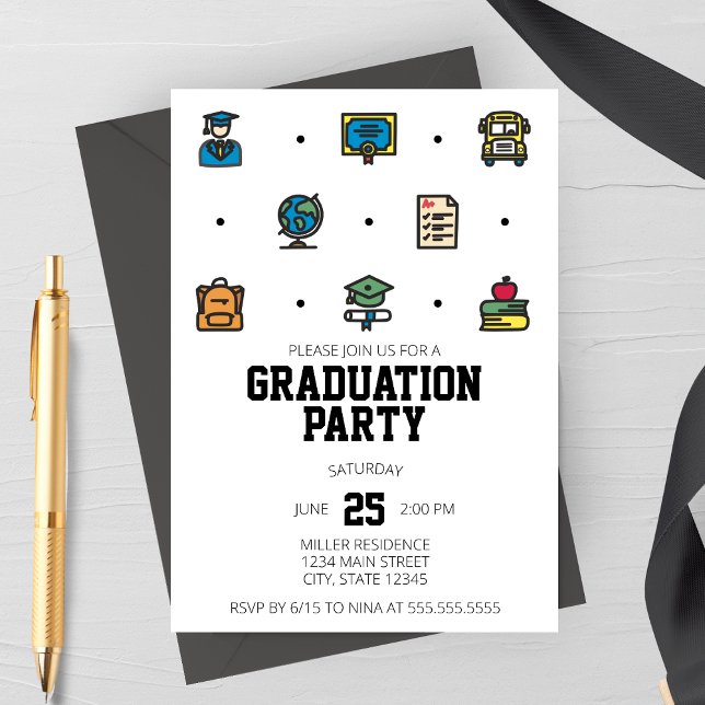 Examen Ikoner Utexamensfest Inbjudan (Graduation Line Icons Graduation Party Invitation | High School, College, Elementary Graduation)