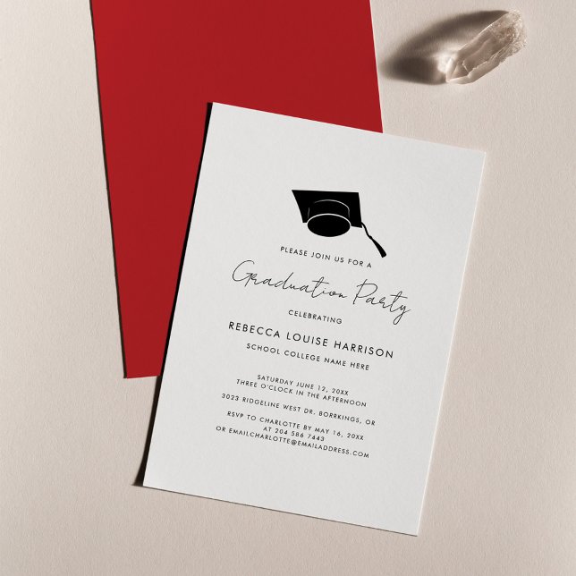 Examen manusförfattat Rött Elegant Examen 2026 Fes Inbjudningar (Graduation 2024 Party Grad Cap Red Invitation)