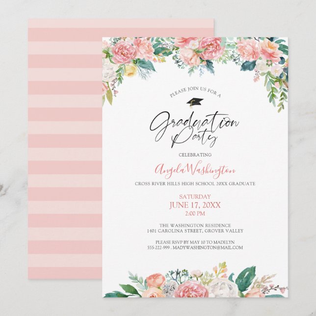 Examen Modern vattenfärg rosenskär blomster skript Inbjudningar (Fram/baksida)