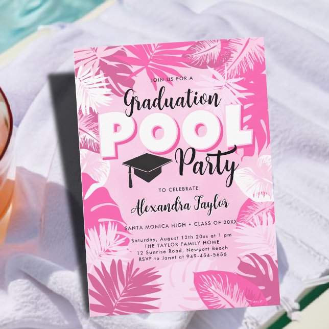 Examen Poolparty Tropisk Grönska Rosa Chic Inbjudningar (graduation pool party invitation tropical luau botanical greenery foliage pink feminine template)