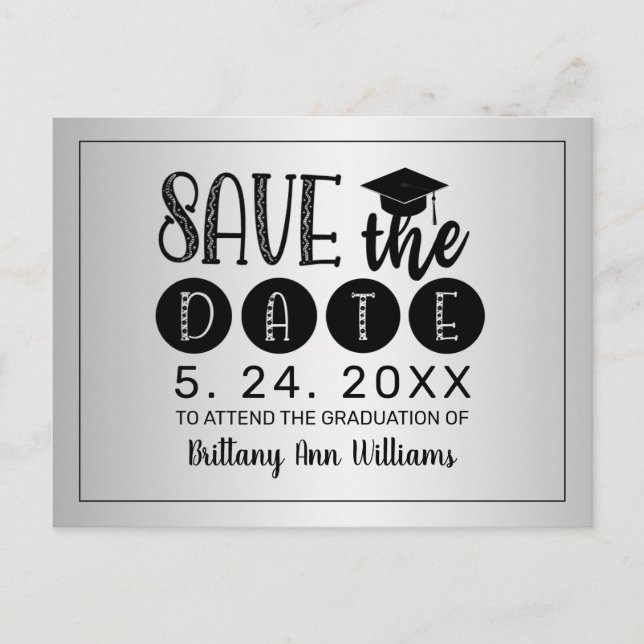 Examen Save the Date Svart typografi Silver Meddelande Vykort (Framsida)
