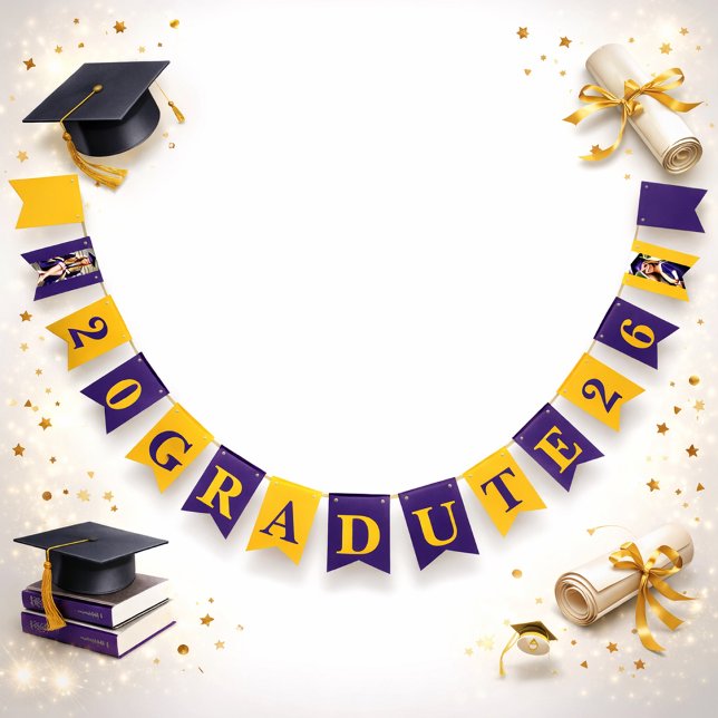 Examenbanner för klassen 2026 i lila och guld vimplar (Skapare uppladdad)