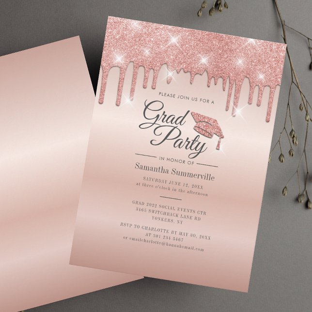 Examenfest 2026 Elegant Examen Inbjudningar (Graduation Party 2025 Rose Gold Drip Grad Invitation)