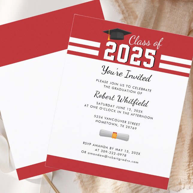 Examenfest 2026 Röd Exameninbjudan (Modern Graduate Party 2025 Red Graduation Invitation)