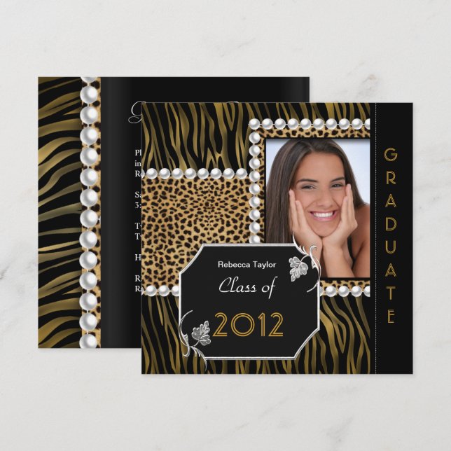 Examenfest Guld Svart Vit Leopard Zebra Inbjudningar (Fram/baksida)