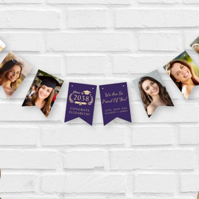 Examenfest Lilafärgat Guld Foto Vimplar (Graduation Party Purple Gold Photo Bunting Flags)