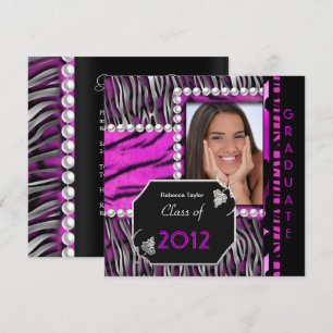 Examenfest Pink Svart Silver Leopard Zebra Inbjudningar