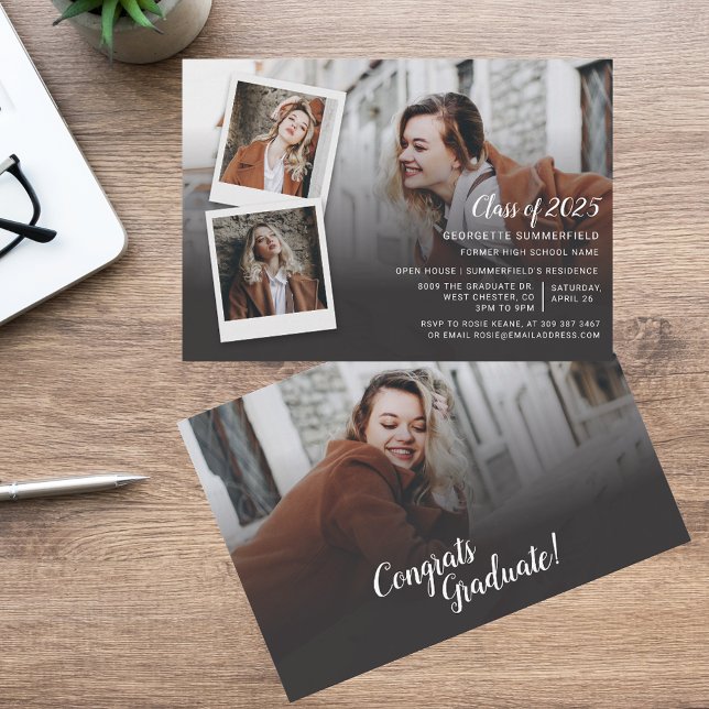 Examenfestinladan med 4 fotosskript inbjudningar (Graduation 2025 Multi Photo Open House Party Invitation)