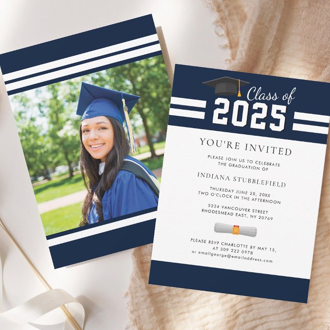 Examenfoto 2026 Marinblå studentfest Inbjudningar (Graduation Photo 2025 Navy Blue Grad Party Invitation)