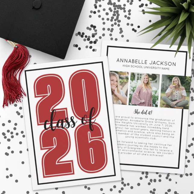 Examenfoto Röd Examen Meddelande (Simple Script Graduate Photo Red Graduation Announcement)