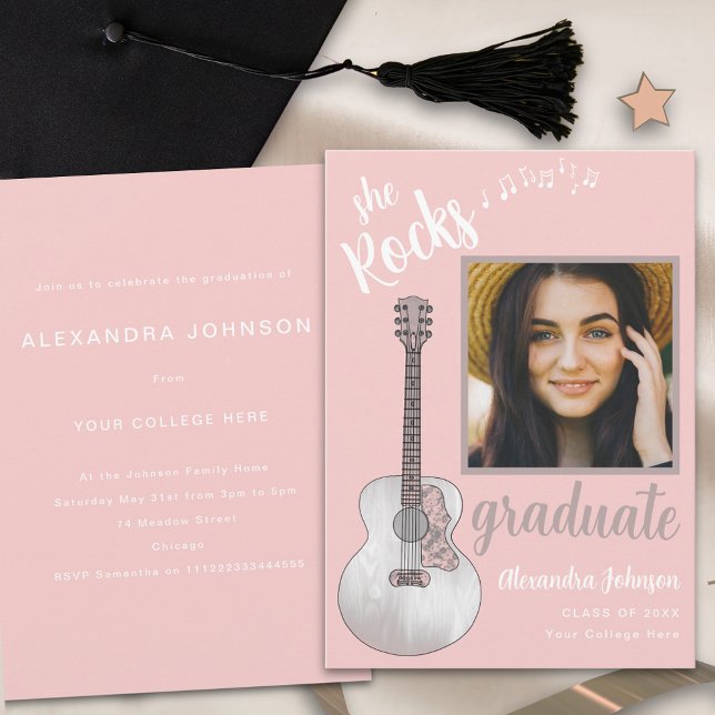 Examenfoto Rosa Country Musik Examenfest Inbjudningar (Pink guitar country music graduation party invitation with graduate photo template modern script )