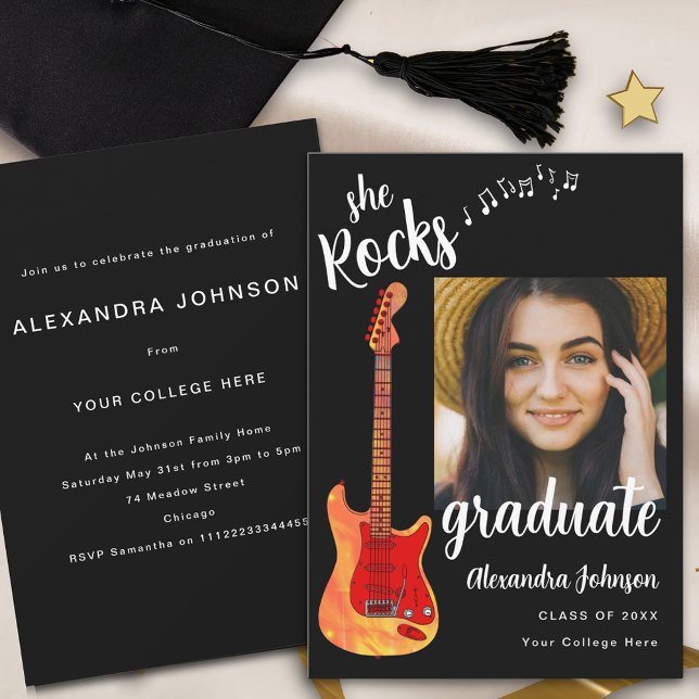 Examenfoto Svart Vitt Skript Examenfest Inbjudningar (Cool electric guitar rock music Graduation party invitation with graduate photo template and stylish)