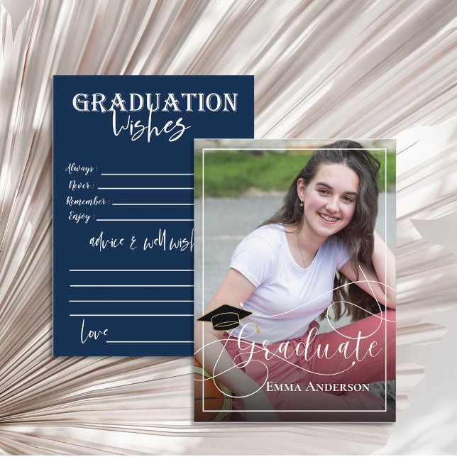Examenfoto Vit och Blå 2026 Examen Rådkort (White and blue graduation advice card with photo, designed for Class of 2026 graduation parties)