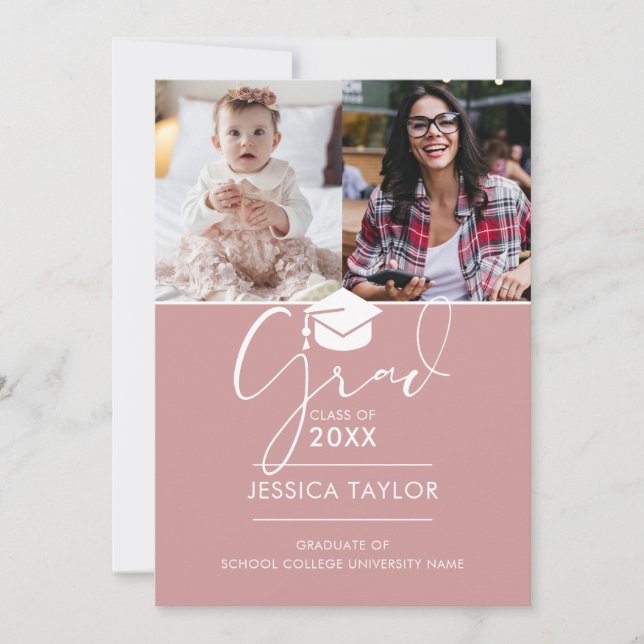 Examenhälsning Pink Then And Now 3 Foto Inbjudningar (Framsida)