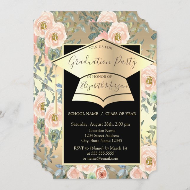 Examenkåpa, blommor Rosor Guld Examen   Inbjudningar (Fram/baksida)