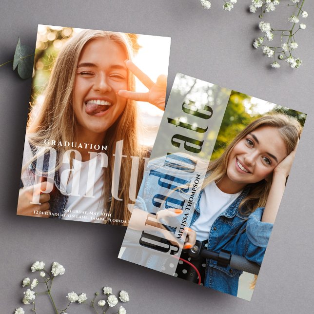 Examens Modern Minimalistisk Foto Cool Typografi Meddelande (Graduation photo invitation announcement with modern typography.)